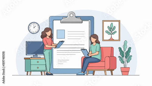 Two women discuss documents in a home-like setting