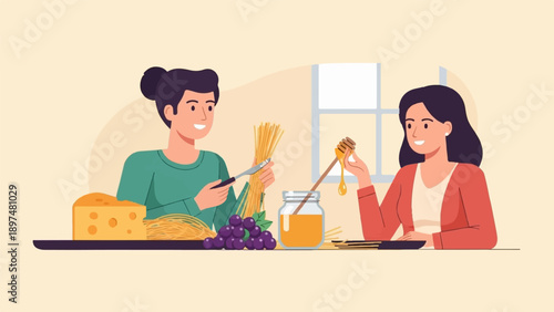 Two women preparing ingredients for a meal together with pasta, cheese, grapes, and honey