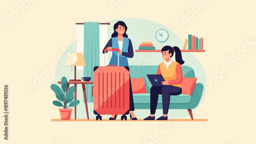 Two women preparing for travel indoors with luggage and laptop