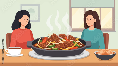 Two women sharing a hot, steaming dish with vegetables and a cup of coffee