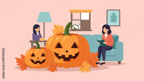 Two women enjoy a cozy Halloween at home with decorative pumpkins and autumnal decor