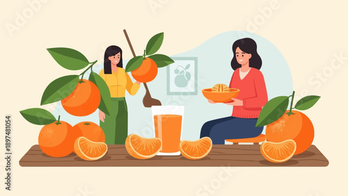 Two women preparing fresh citrus juice and fruits on a table