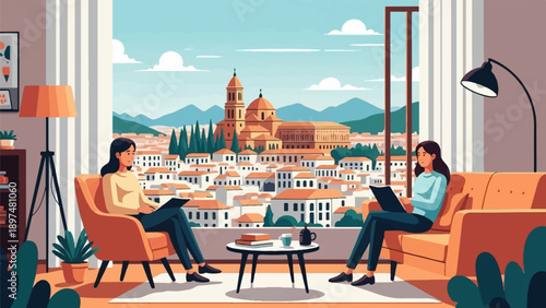 Two women read books in a living room with a view of an old town
