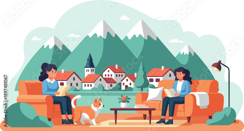Two women read books in cozy armchairs with a dog and mountainous village backdrop