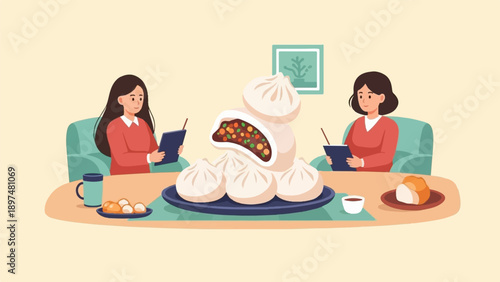 Two women enjoy a meal of dumplings and bread at a table