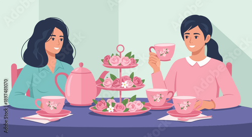 Two women enjoy a floral-themed tea party with pink cups, teapot, and tiered stand