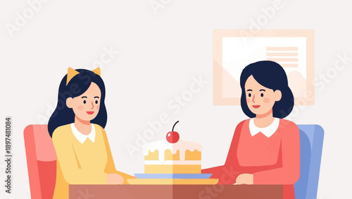 Two women sit at a table with a cake between them, one wears cat ears