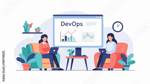 Two women sit in armchairs working on laptops with a DevOps screen