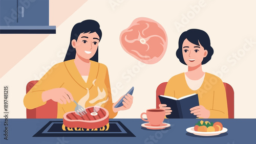 Two women enjoying a meal with steak, coffee, and fruit indoors
