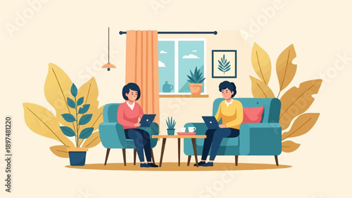Two women sit in chairs with laptops, indoor scene