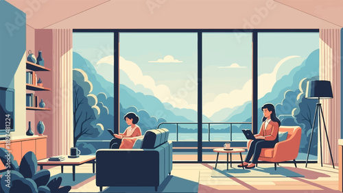 Two women relax and work indoors with a stunning mountain and lake view