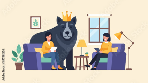Two women sit in chairs near a crowned bear and a window