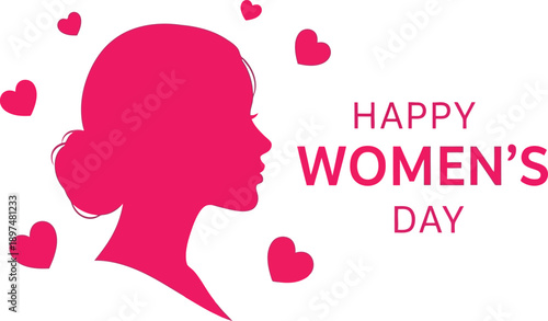 Happy women's day celebration with pink silhouette of woman and hearts