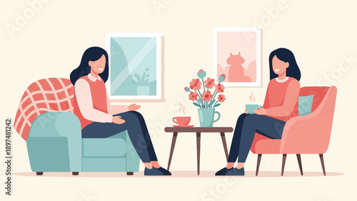 Two women sit in comfortable chairs, talking and drinking hot beverages
