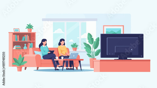 Two women relax at home, watching television and using laptops