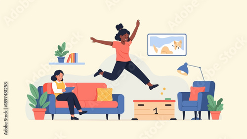 Two women enjoying leisure time indoors with home decor