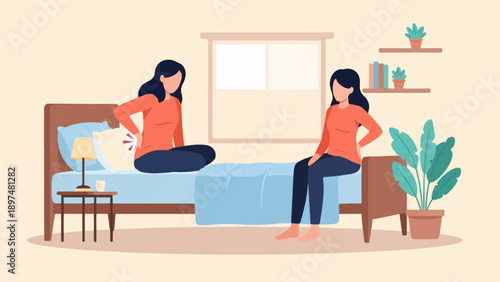 Two women sit on a bed experiencing back pain, a common ailment