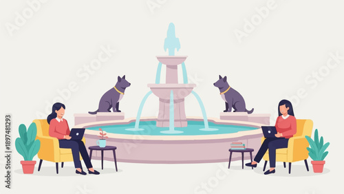 Two women sit in yellow chairs by a fountain with dogs