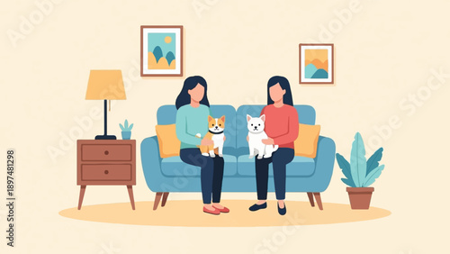 Two women sit on a blue sofa holding dogs, with furniture and art