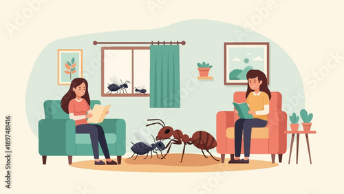 Two women sit reading books indoors, ants are on the floor and windowsill