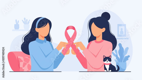 Two women hold a pink ribbon, with a cat and plants nearby
