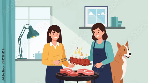 Two women grilling steaks and ribs with a dog by their side