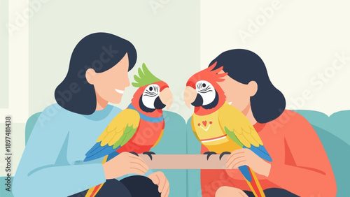Two women holding colorful parrots on a perch on a sofa