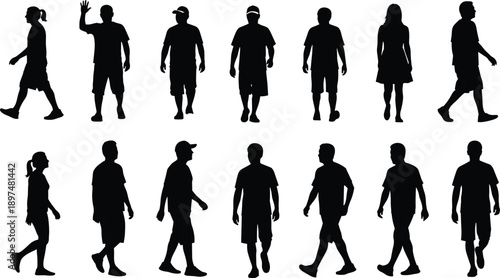 Happy Family Silhouette Set Featuring Father Mother and Two Children Cheering With Arms Raised Having Fun Together for Summer Concept