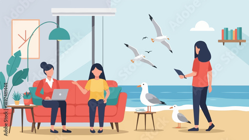 Two women in a bright room, with a view of the ocean and seagulls