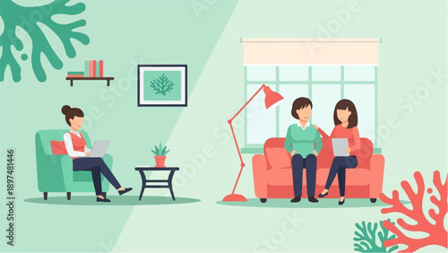 Two women relax in a living room, one using a laptop, the other holding a tablet