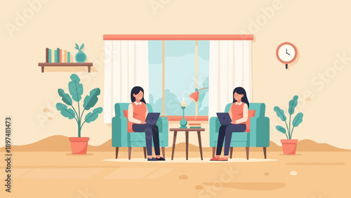 Two women sitting in armchairs, each using a laptop, in a bright room