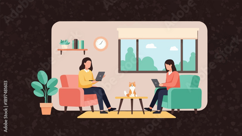 Two women working on laptops in a cozy living room with a cat