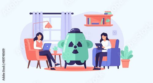 Two women working on laptops in a cozy room with a quirky robot
