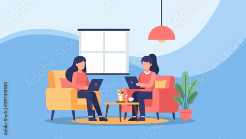 Two women working on laptops in a living room with a cat