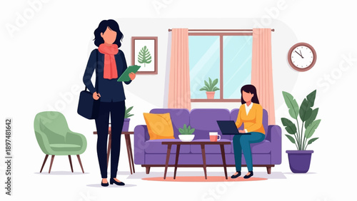 Two women in a modern living room, one standing with documents, the other on a laptop