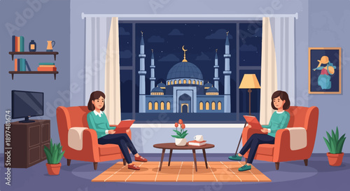Two women relax in armchairs reading books at night, mosque view