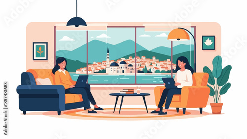 Two women working on laptops in a living room with a scenic view