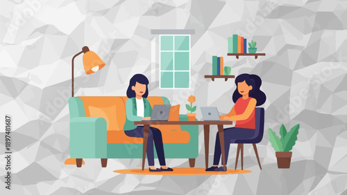 Two women working on laptops in a living room