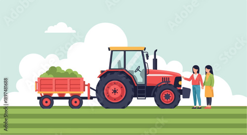 Two women stand by a red tractor with a loaded trailer in a field