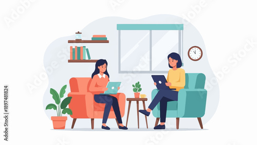 Two women relax in comfortable chairs, each using a laptop and surrounded by home decor