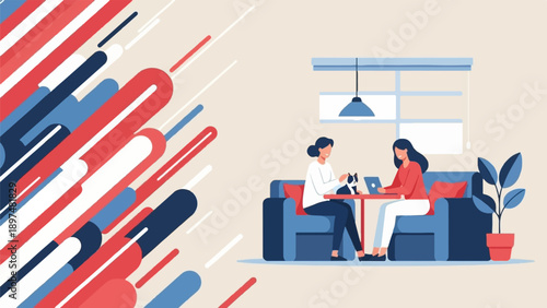 Two women working on laptops with a cat on a sofa in a room