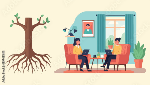 Two women using laptops in comfortable chairs by a window