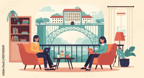 Two women working on laptops with a scenic bridge and city view