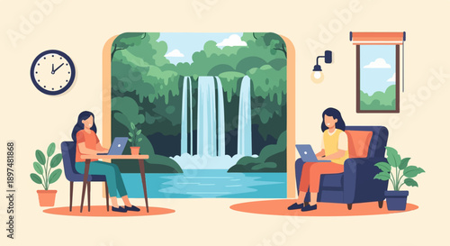 Two women working on laptops with a waterfall view from their cozy indoor space