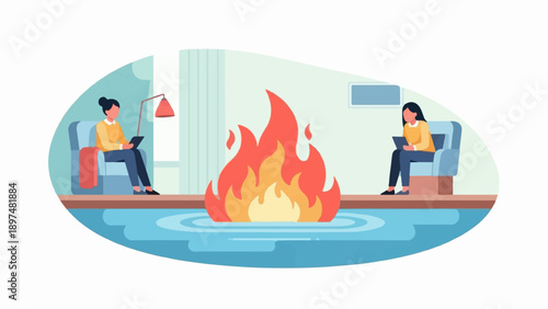 Two women relax in cozy armchairs near a vibrant fireplace, engrossed in their tablets