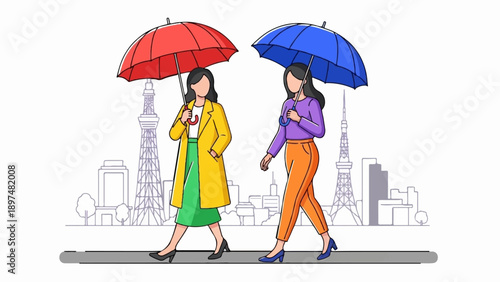 Two women walk with umbrellas in a city with tall buildings and a tower