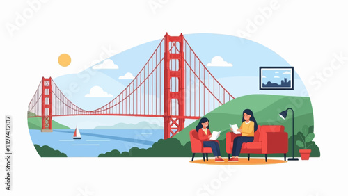 Two women relax indoors with a view of a large red suspension bridge and a sailboat