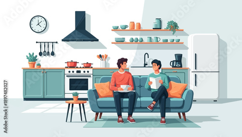 Two young men sit on a sofa in a brightly lit kitchen, reading