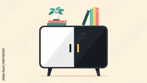 Two-toned cabinet with stacked books and a potted plant