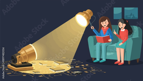 Two young women are studying electronics, with a lamp illuminating circuit boards